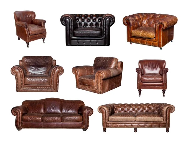 Collage av sida och direkt utsikt över lädersoffa och stol — Stockfoto