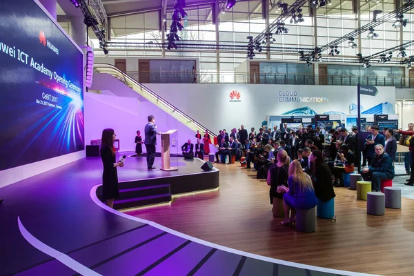 Huawei ICT Academy opening ceremony. Visitors on exhibition Cebit 2017 in Hannover Messe, Germany — Stock Photo, Image