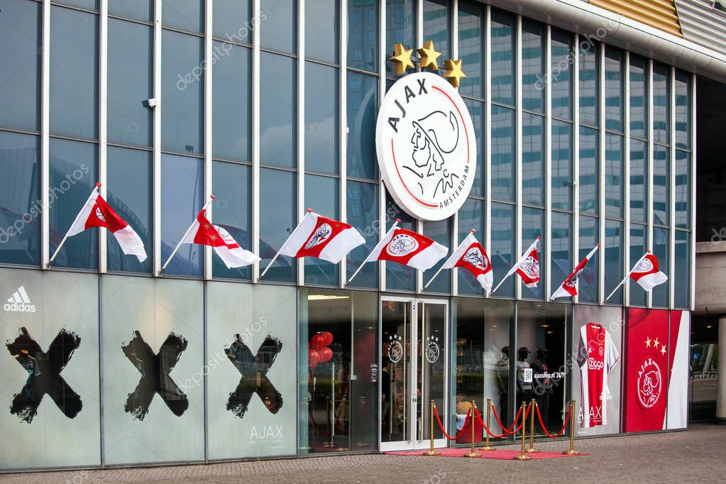 Amsterdam, Netherlands - April, 2017: Ajax fotball club shop on Amsterdam Arena, Netherlands
