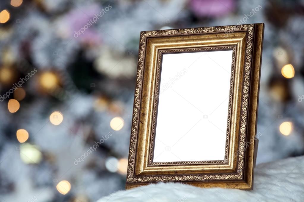 White photo frame with christmas background