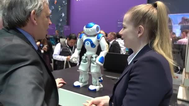 NAO programmable humanoid robot on exhibition Cebit 2017 in Hannover Messe, Germany — Stock Video