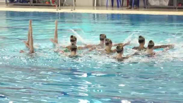 Perfomance of girls synchronized swimmers — Stock Video