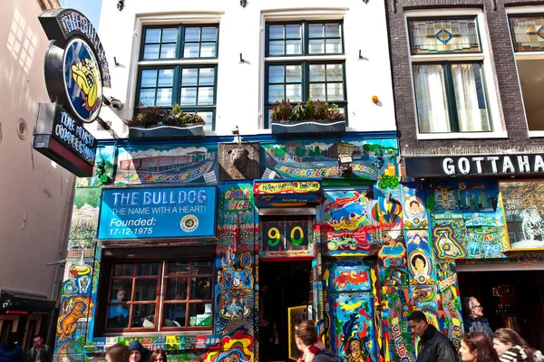 赤色のライトが通り、オランダのアムステルダムでは、ブルドッグの最初の coffeshop — ストック写真