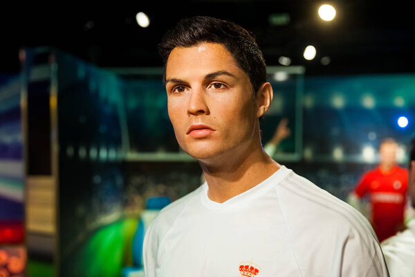 Wax figure of Cristiano Ronaldo soccer player in Madame Tussauds Wax museum in Amsterdam, Netherlands