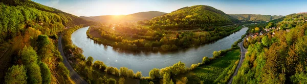 Panorámás Légi Tájkép Neckar Folyóról Németország Gyönyörű Naplementében Tiszta Égbolttal — Stock Fotó