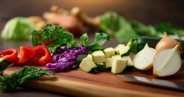 Tahta kesme tahtasında sebze pişirmek. Renkli, besleyici ve lezzetli yemek malzemelerini sağlıklı bir yaşam tarzı olarak gösteren sığ bir odak noktası..