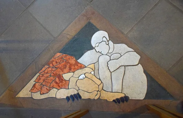 Mozaik, kilise Gereon/Köln, Almanya, Ağustos 2017 katta. Kilise St. Gereon katta bir adam ve bir aslan tasvir eden bir mozaik olduğunu.