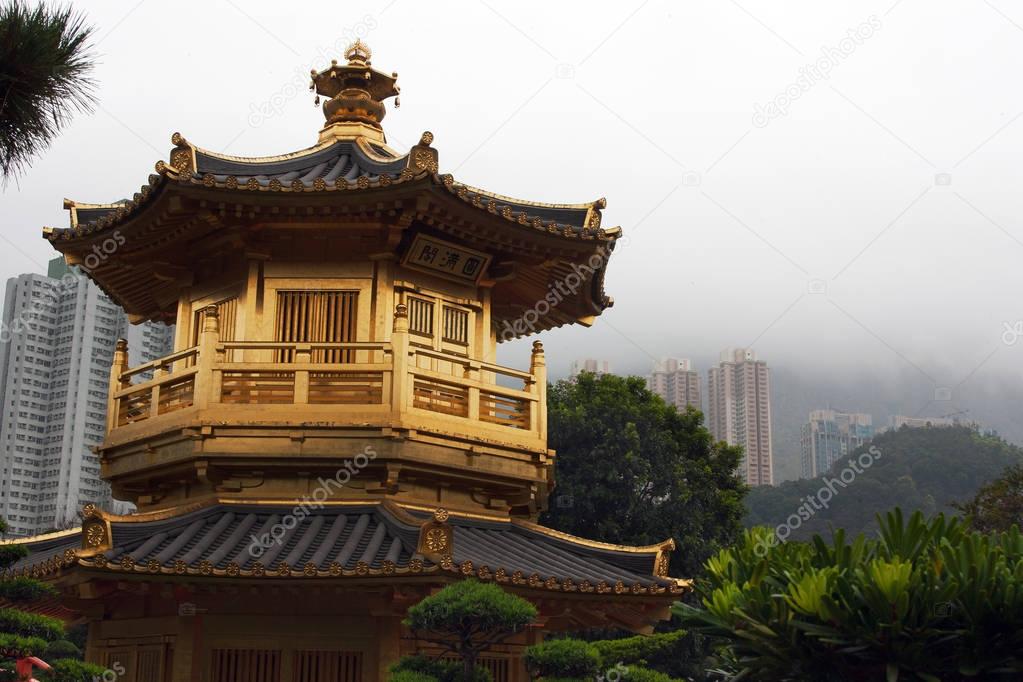 Chi Lin Nunnery in Hong Kong on the background of skyscrapers