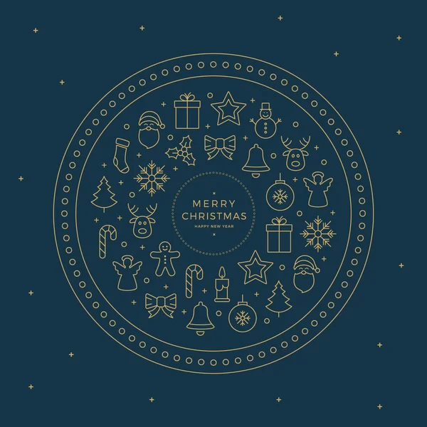 Gold merry christmas line icons elements circle — Stock Vector