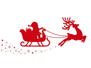 Beyaz arka plan kırmızı santa atlı kızak Ren geyiği sihirli yıldız