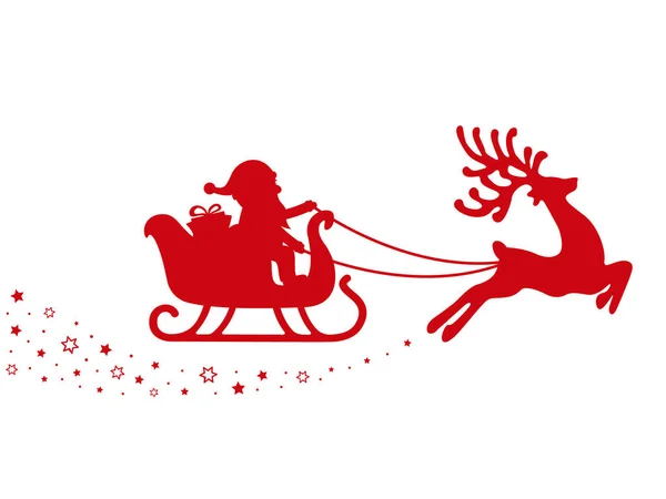 Red santa sleigh reindeer magic stars white background — Stock Vector