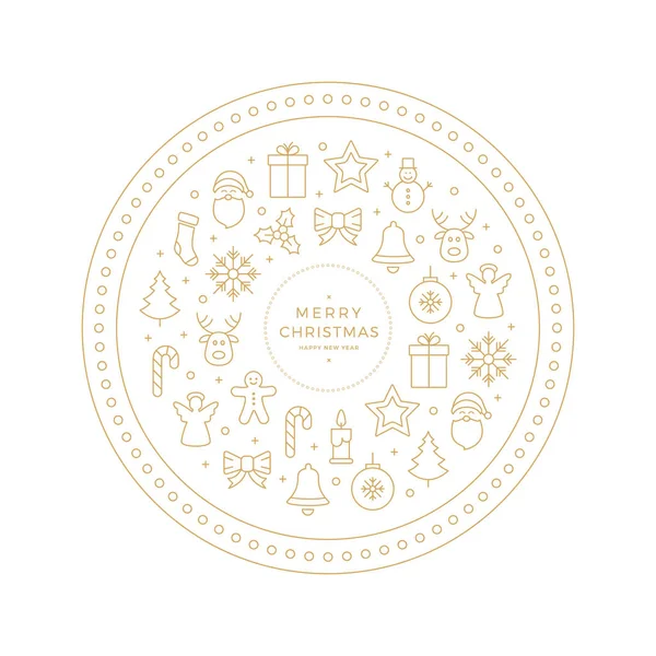 Gold merry christmas line icons elements circle — Stock Vector