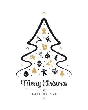 neşeli Noel ağacı öğeleri altın siyah izole backgro kartı