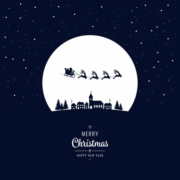 Santa trenó voando para a aldeia de inverno noite de Natal — Vetor de Stock