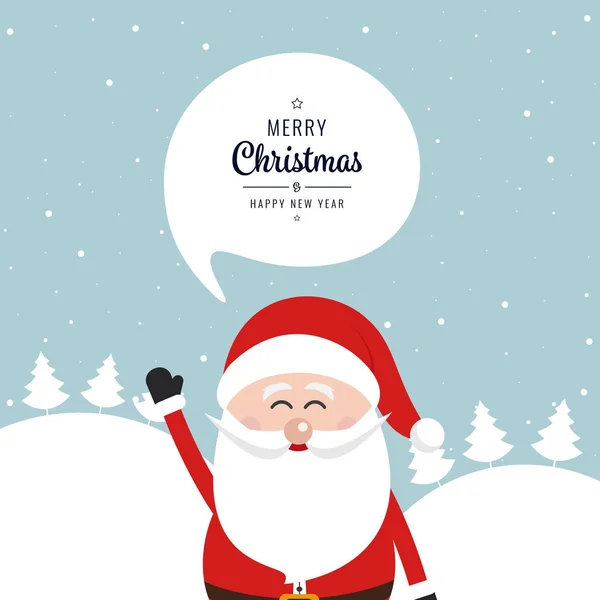 Santa claus wave merry christmas speech bubble snow landscape ba — Stock Vector