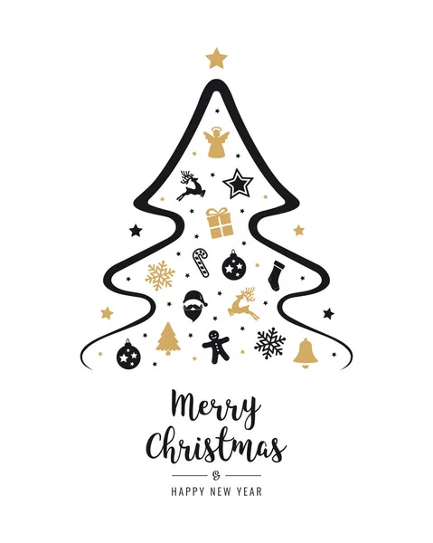 Feliz árbol de navidad icono elementos saludo tarjeta de texto oro iso — Vector de stock