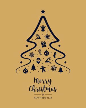 Altın bac neşeli Noel ağacı simgesini öğeleri metin tebrik kartı