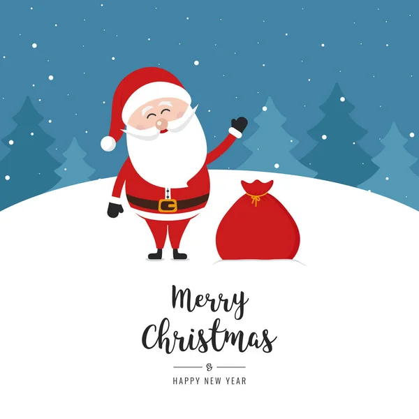 Санта Клаус хвиля веселий різдвяний гравіруючий текст сніговий пейзажний фон — стоковий вектор