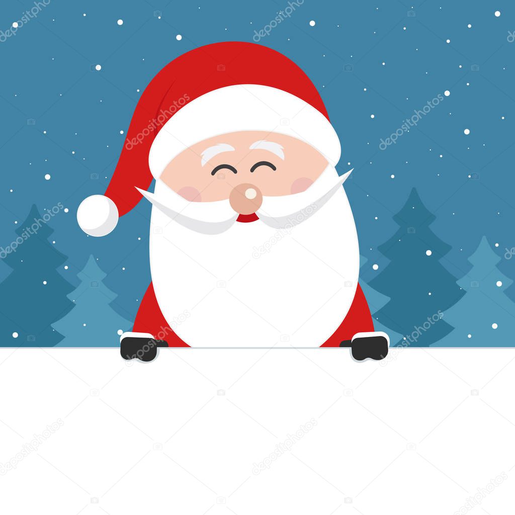 santa claus behind blank banner christmas winter landscape backg