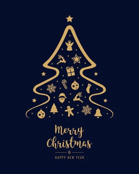 Veselé vánoční strom ikonu prvky pozdrav text karty golden blu — Stockový vektor
