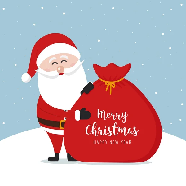 Santa claus sack merry christmas gretting text snowy background — Stock Vector