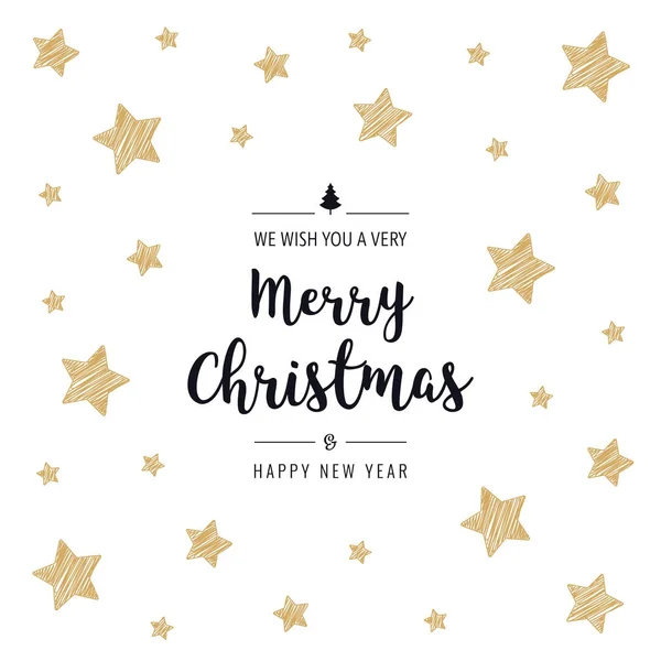 Navidad garabato estrellas tarjeta de oro saludo texto aislado whit — Vector de stock