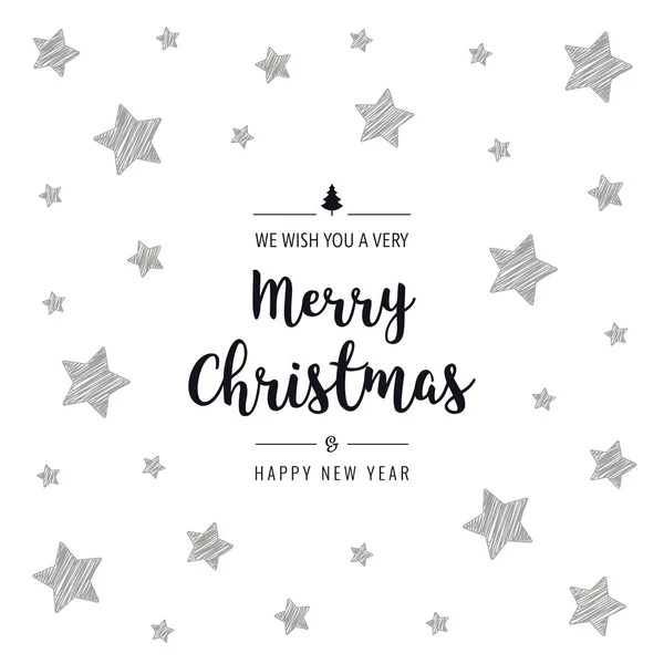 Tarjeta de felicitación de Navidad garabato dibujo texto estrellas negro blanco — Vector de stock