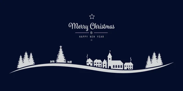 Christmas greeting lettering winter landscape village night back — Stock Vector