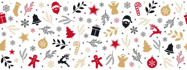 Navidad icono elementos oro negro borde patrón aislado fondo blanco . — Archivo Imágenes Vectoriales