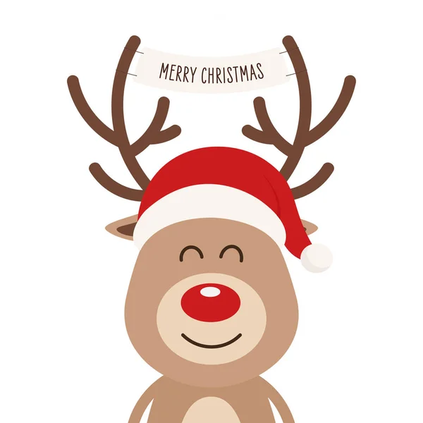 Rena vermelho nariz bonito desenho animado com banner saudação isolado fundo branco. Cartão de Natal — Vetor de Stock