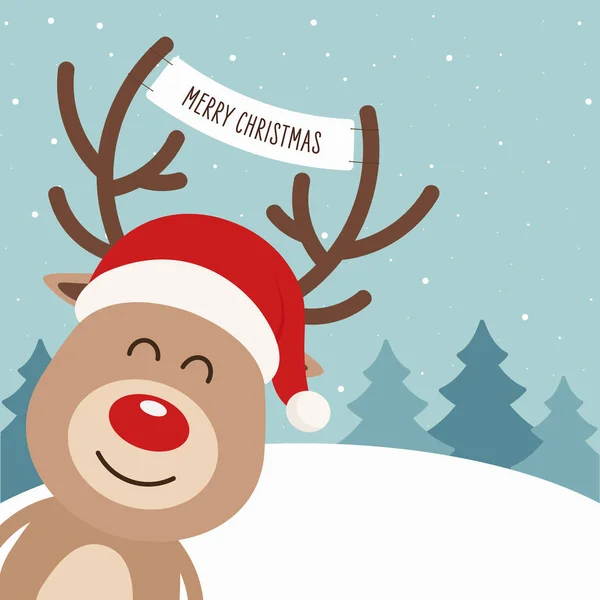 Rénszarvas piros orrú aranyos rajzfilm üdvözlő banner téli táj háttér. Karácsonyi kártya — Stock Vector