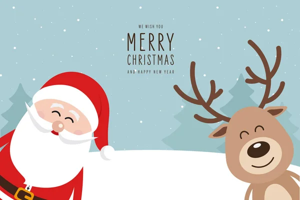 Weihnachtsmann und Rentier niedlichen Cartoon mit Gruß Winterlandschaft Hintergrund. Weihnachtskarte — Stockvektor