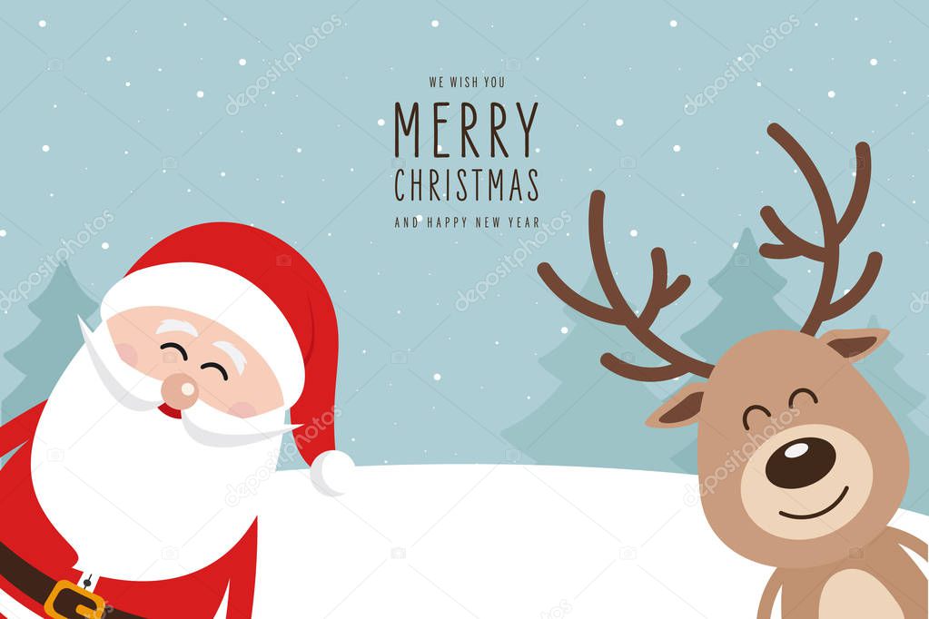 Santa and reindeer cute cartoon with greeting winter landscape background. Christmas card