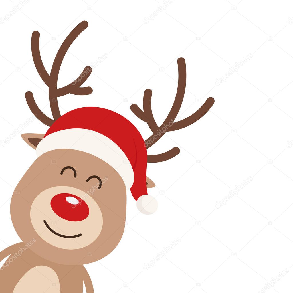 Reindeer cute cartoon with santa hat isolated white background. Christmas card