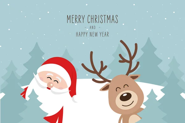 Santa et rennes mignon paysage d'hiver dessin animé avec fond neigeux salutation. Carte de Noël — Image vectorielle