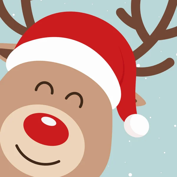 Renifer czerwony nos słodkie zbliżenie kreskówka z Santa kapelusz śnieżne tło. Karta świąteczna — Wektor stockowy