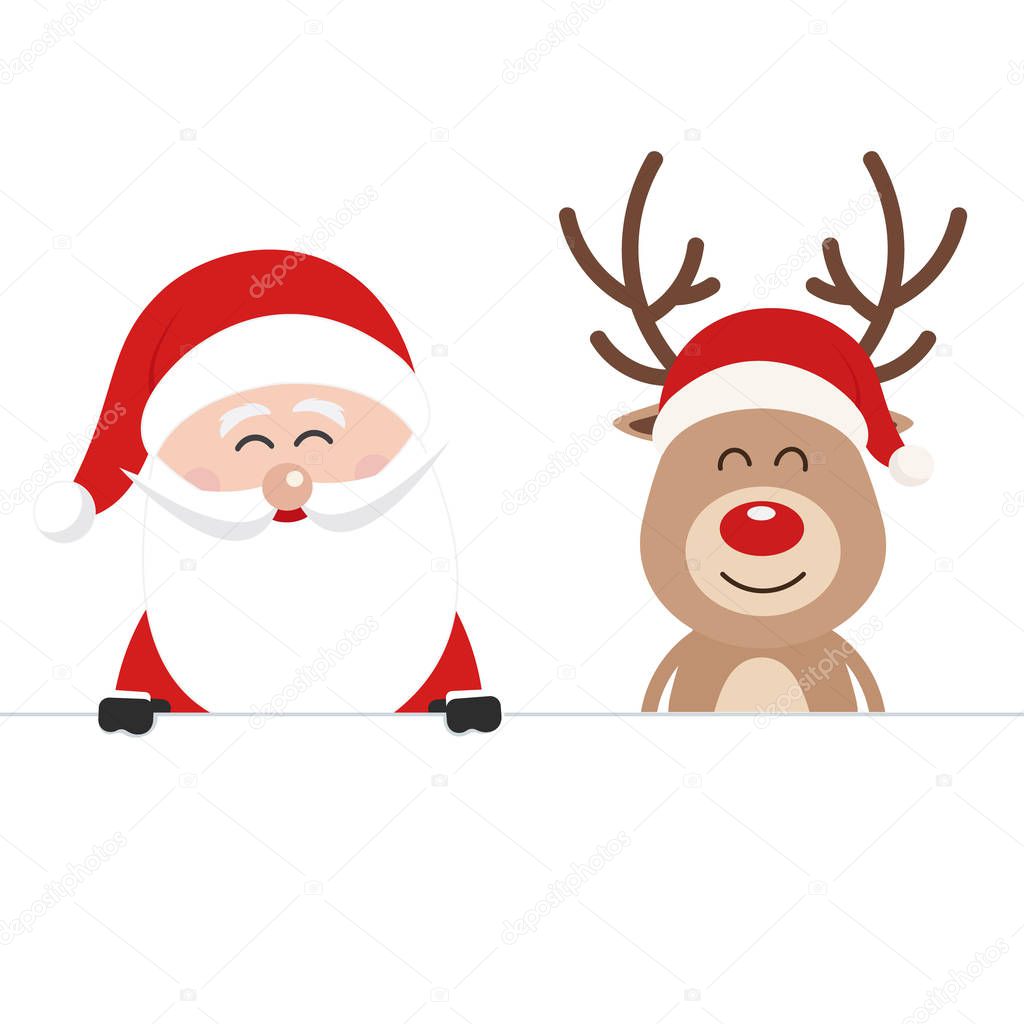 Santa and reindeer cute cartoon behind a blank sign white isolated background. Christmas card