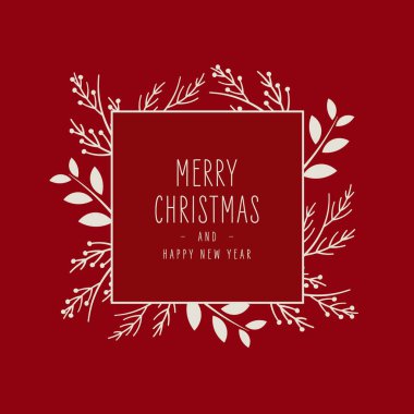 Mutlu Noeller çerçeveli modern zarif kart kırmızı zemin üzerinde beyaz köknar çam dalları selamlar