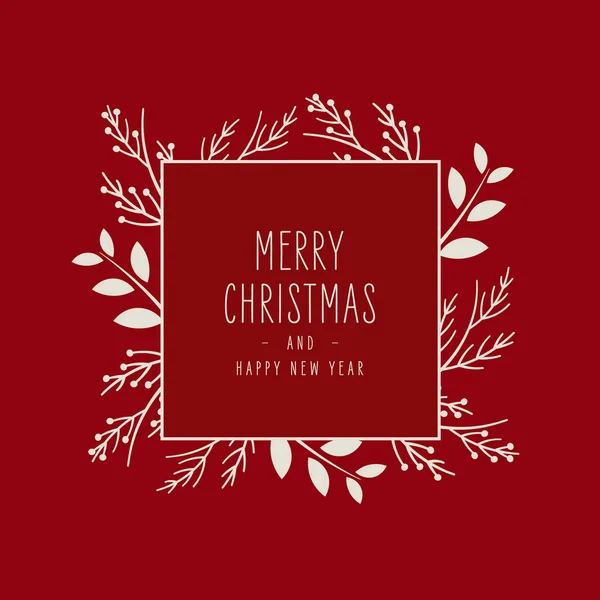 フレームバナー挨拶とメリークリスマス現代的なエレガントなカード赤の背景に白いモミの松の枝 — ストックベクタ