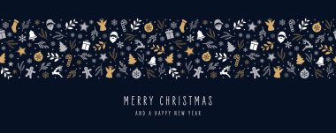 Noel simgesi unsurları sınır dekorasyon kartı ile karşılama metni pürüzsüz mavi arkaplan.