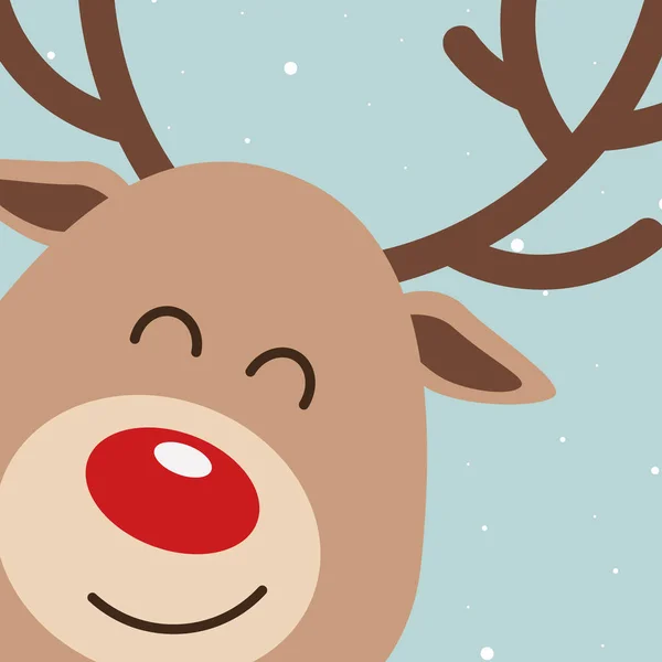 Rendieren rood neus schattig close-up cartoon glimlach besneeuwde achtergrond. Kerstkaart — Stockvector