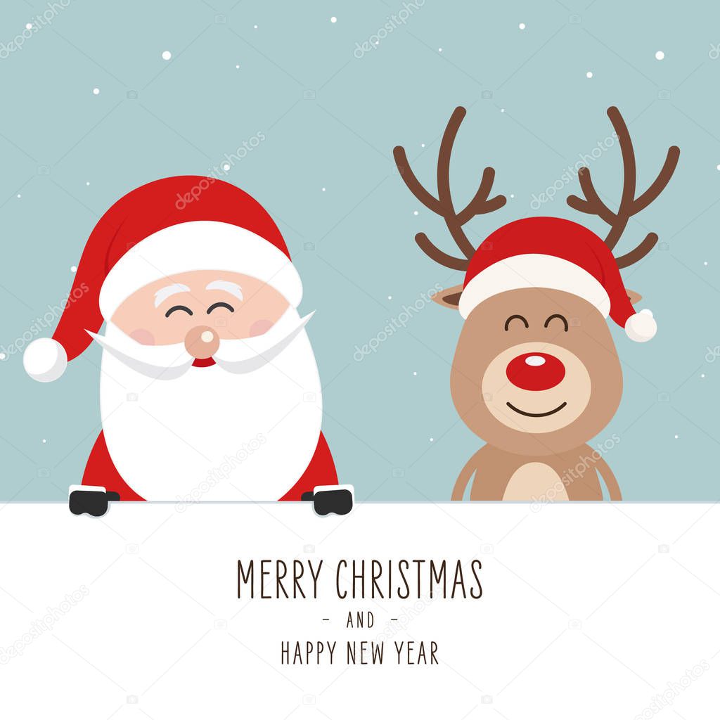 Santa and reindeer cute cartoon with greeting behind white banner sign winter landscape background. Christmas card