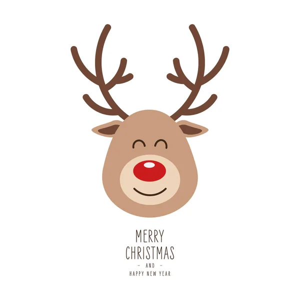 Reindeer red nosed cute close up cartoon and greeting isolated white background. Christmas card — Stock Vector