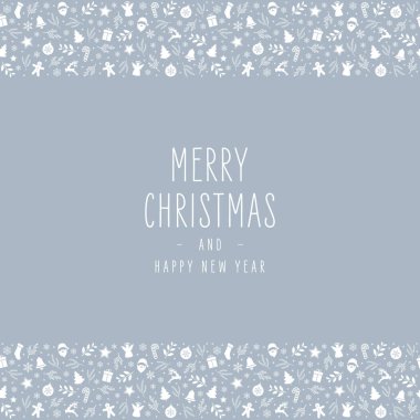 Noel simgesi unsurları sınır dekorasyon kartı ile mesaj buzu mavi arkaplan.