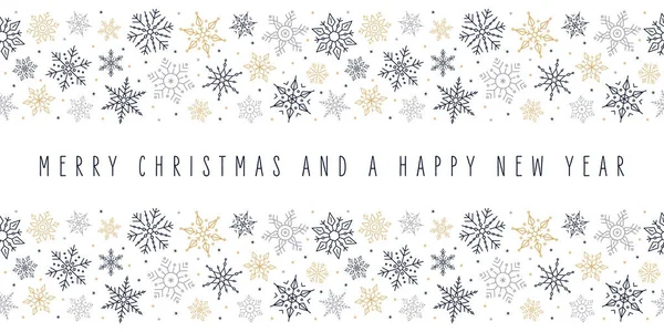 Natal flocos de neve elementos ornamentos borda decoração cartão com saudação texto sem costura padrão isolado fundo branco . — Vetor de Stock