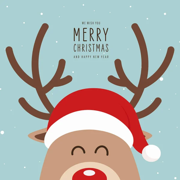 Reindeer red nosed cute close up cartoon face snowy background. Christmas card — Stock Vector
