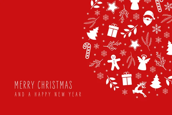 グリーティングテキスト赤の背景とクリスマスのアイコン要素の装飾カード. ロイヤリティフリーストックベクター