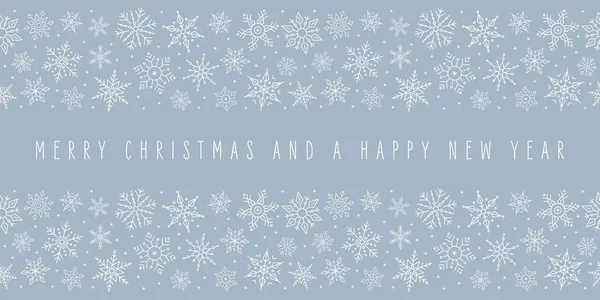 Weihnachten Schneeflocken Elemente Ornamente Rand Dekoration Karte mit Grußtext nahtlose Muster blauer Hintergrund. — Stockvektor