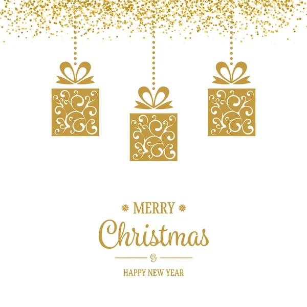 Złote wiszące dekoracje świąteczne z błyszczącymi iskierkami i pozdrowieniami — Wektor stockowy