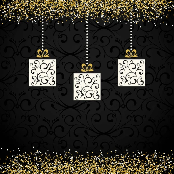 Gouden opknoping Kerst Decoratie met Gouden Sparkle en Groeten — Stockvector